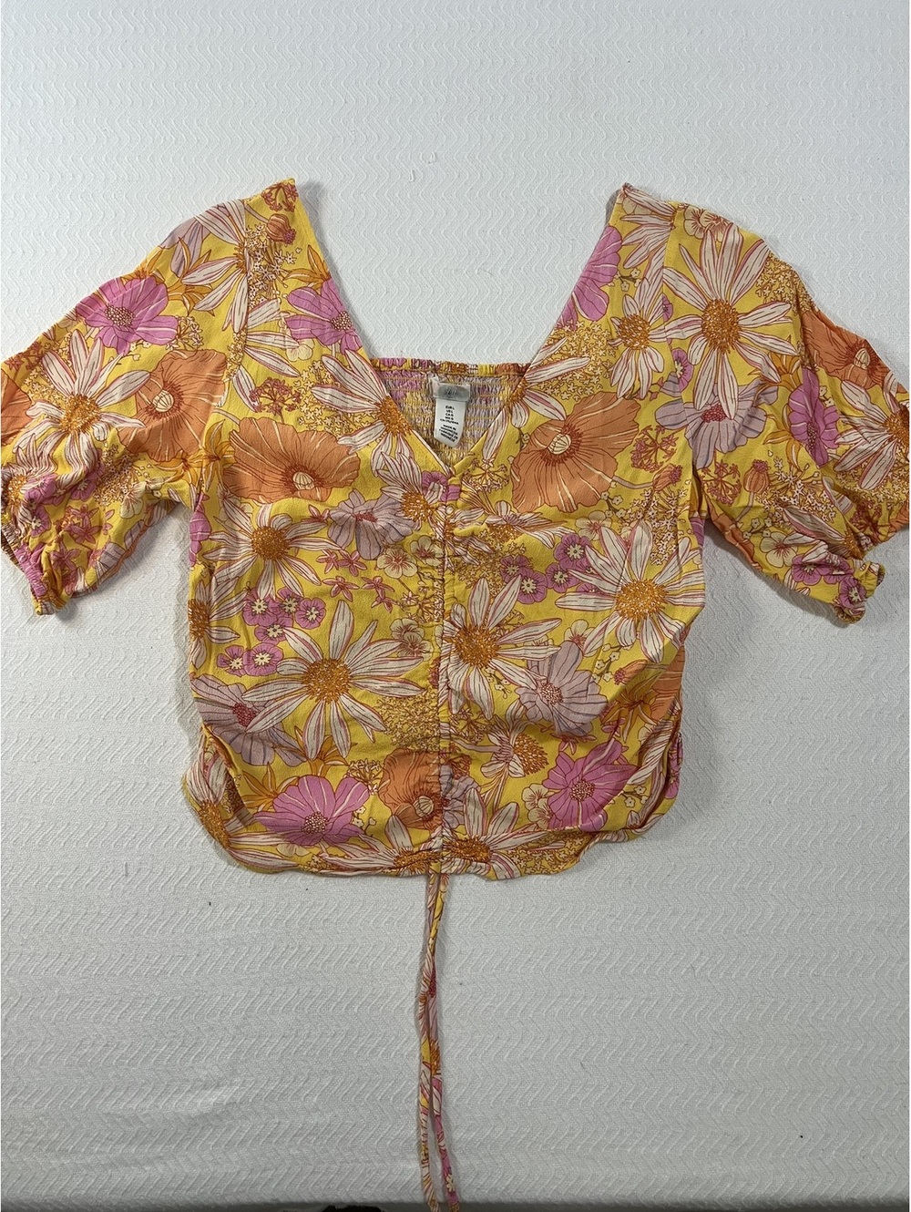 H&M Floral Print Yellow Viscose Blouse with Puff Sleeves and Drawstring